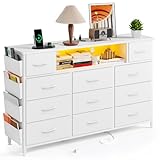 Fixwal White Dresser for Bedroom with Power Outlets and LED Lights 11 Drawers Dresser with Side Pocket for Kids Bedroom, Fabric Chest of Drawers, for 60inch TV Long Dresser Storage Organizer