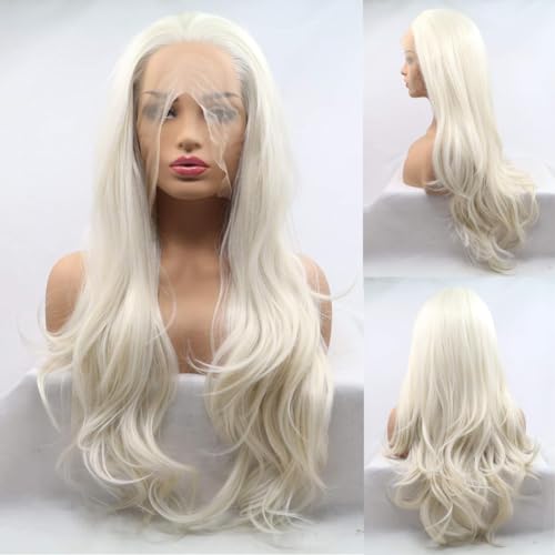 Angle Lucky Platinum Blonde Lace Front Wig for Women Synthetic Blonde 60# Color Body Wavy Wig Heat Resistant Fiber Pre Plucked Glueless Wigs for Daily Use Drag Queen 24inch