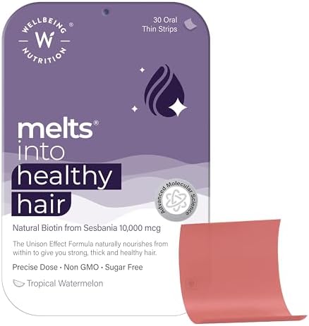 - Melts Healthy Hair | Pure Biotin 10,000mcg, Keratin, Zinc, Folic Acid for Stronger, Shinier Hair, Strength & Thickness, 30 Oral Strips