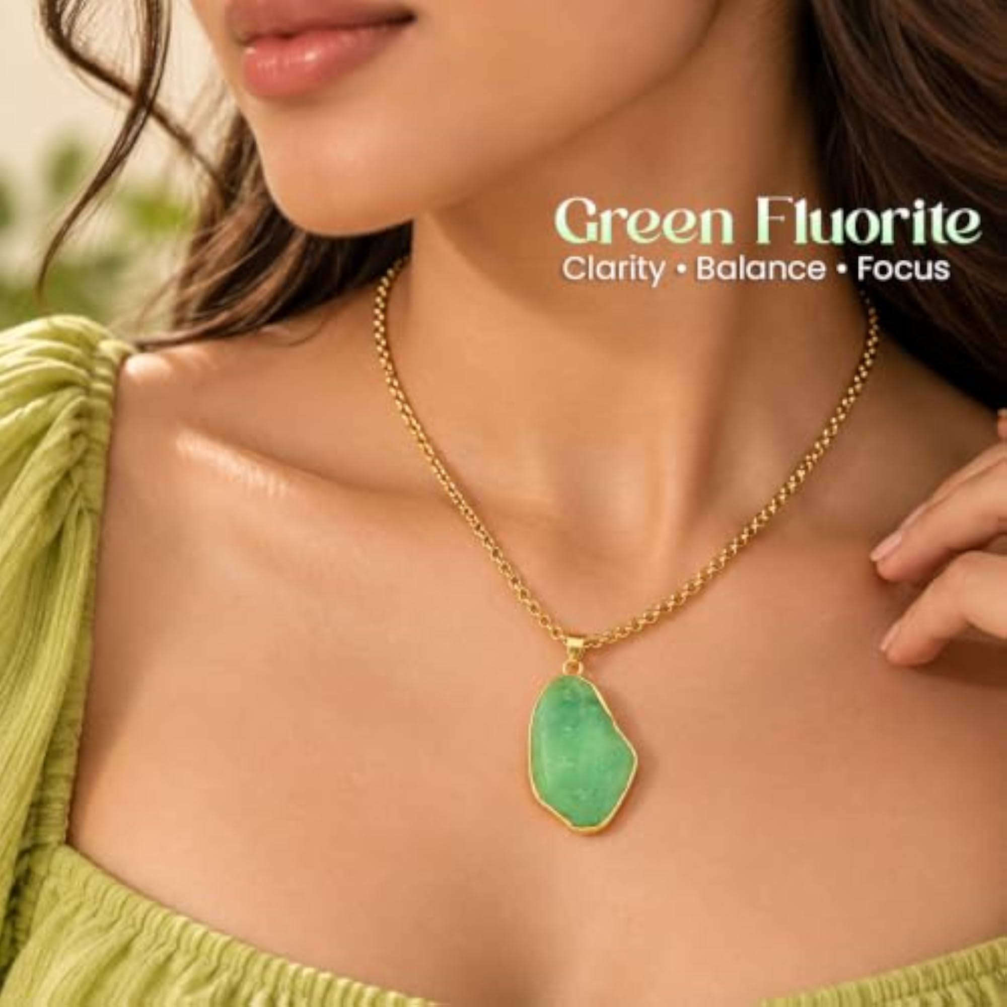 Women's Green Fluorite Pendant Necklace with Golden Metal Chain
