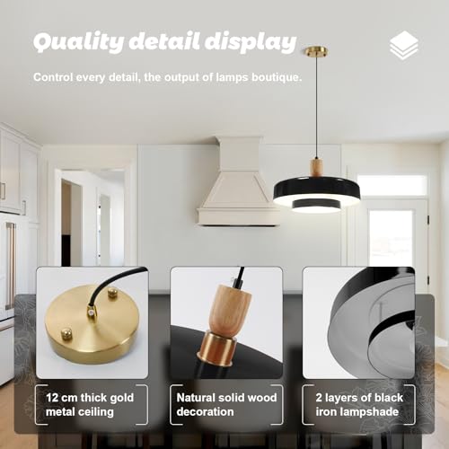 Image of Set of 2 Pcs 13.8 inch Black Dome Pendant Light Nordic Flush Mount Ceiling Light Solid Wood Hanging Light Farmhouse Pendant Lighting for Kitchen Island Dining Room Restaurant