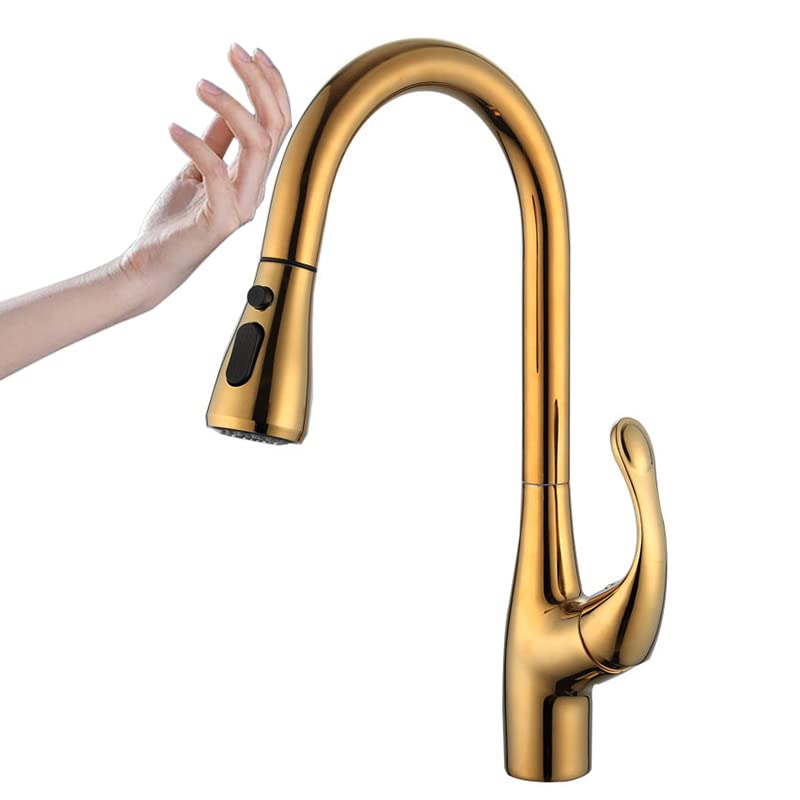 Kitchen Sink Faucet for Bar Farmhouse Commercial, Brass Pull Out Smart Sensor Touch Kitchen Faucet, Sensor Kitchen Water Tap, Sink Hot Cold Mixer Crane, Shower & Column Mode(Gold)