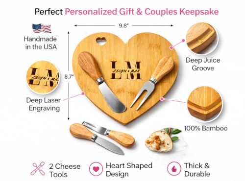 Tablero de corte con forma de corazón personalizado con utensilios – Juego de tablas de bambú grabadas a medida para parejas, bodas, aniversarios, Día de San Valentín, bienvenida al hogar y decoración de cocina miniatura 6