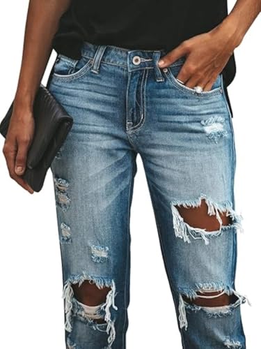 Women's Ripped Mid Waisted Boyfriend Jeans Loose Fit Distressed NO Stretchy Denim Pants4