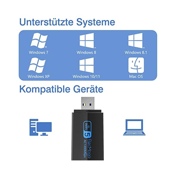 USB WLAN Stick für PC, 1300Mbps USB 3.0 WLAN Adapter PC 2.4GHz/5.8GHz Dual Band Internet Stick mit 2 x 5dBi Antenna für PC/Desktop/Laptop, Kompatibel mit Windows 11/10/8/7/Vista/XP, Mac OS – Bild 6
