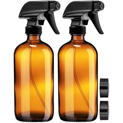 ChemCorp Empty Amber Glass Spray Bottles - 2 Pack - 16oz Refillable Bottle is Great for Essential Oils, Plants, Cleaning Solutions, Hair Mister - Durable Nozzle w/Fine Mist and Stream Adjustments Cover