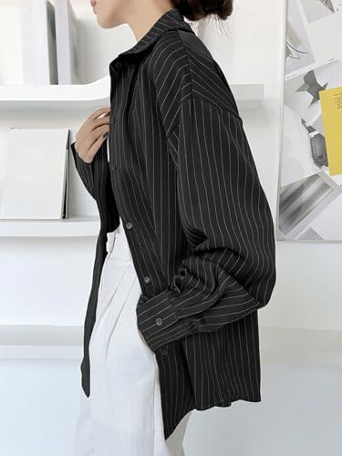 Image of Aahwan Solid Button Up Drop Shoulder Vertical Stripe Pattern Casual Long Sleeve Shirt for Women's & Girl's