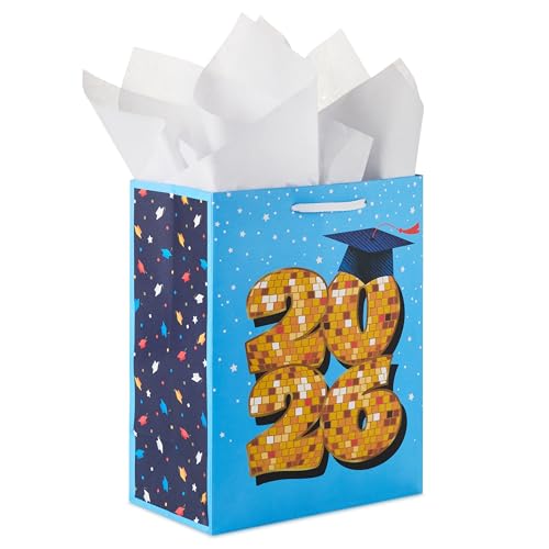 Hallmark 9 Medium Year-Dated Graduation Gift Bag with Tissue Paper (Class of 2026 Gold Disco Ball on Blue with Stars) for High School College University