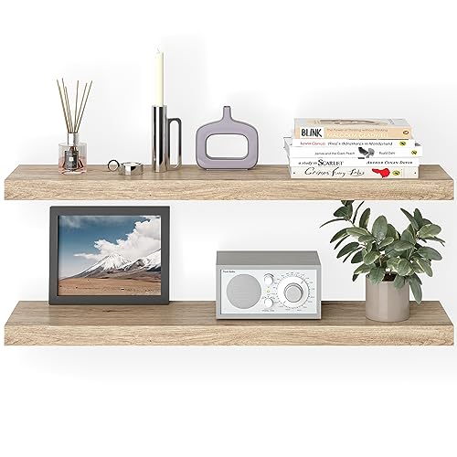 Ballucci Floating Shelves for Wall, 36\" Wood Wall Shelf Set of 2, with Invisible Brackets for Bathroom, Living Room, Bedroom, Kitchen, Nursery, 8\" Deep, Oak Finish