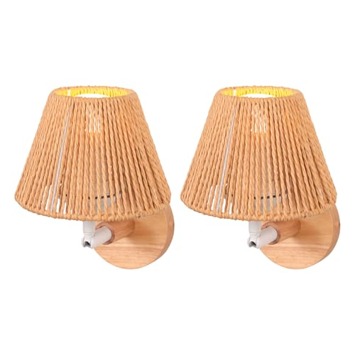 LIGKIN 2 Piezas Aplique de Pared de Ratán Lámpara de Pared Boho E27 Aplique Vintage Madera Lámpara de Pared Giratoria Iluminación Interior para Dormitorio Pasillo Café