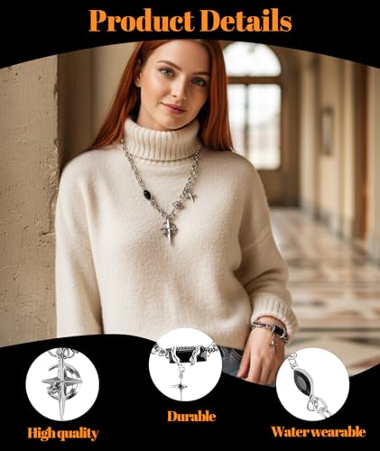 Image of 2 Pcs Gothic Jewellery Set, Edgy Moon Crescent and Star Necklace with Matching Chain Bracelet, Unisex Alternative Fashion Accessory for Men and Women, Perfect for Concerts, Festivals and Gift Giving