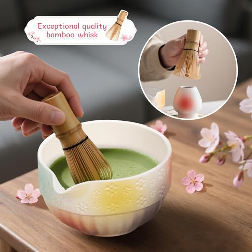 Matcha Whisk Set, Matcha Set Includes Matcha Bowl（530ML）, Matcha Whisk and Holder, Bamboo Scoop, Scoop Rest, Sifter, Powder Jar and Tea Towel - 8pc Matcha Kit for Matcha Tea Ceremony
