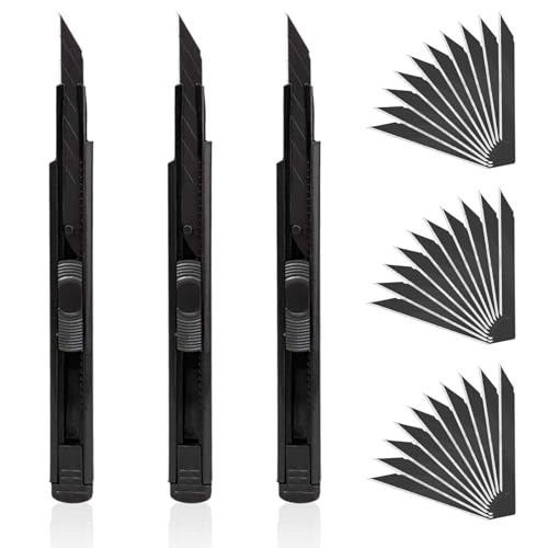 3 Stück Cuttermesser Set, 3 pcs 9mm Messer mit 30 pcs 30°Abbrechklingen, Einziehbar Profi-Cuttermesser Gebildet Universalmesser, Schwarz Hochpräzises Bastelmesser für Karton, Folien, Papier