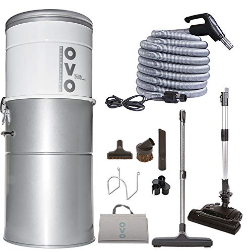 OVO PAK70CD-35 Vacuum System-Heavy Duty Central Vac with Hybrid Filtration-35L or 9.25Gal-700 Airwatts Power Unit, 35ft Switch Control Carpet Deluxe Attachment Accessory Kit, Silver