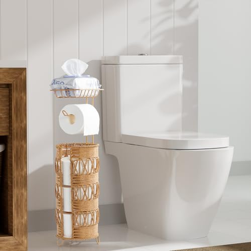 Toilet Paper Holder Stand with Shelf, Idealmax Freestanding Toilet Paper Roll Holder Handwoven for 4 Mega Rolls, Rattan Tissue Holder for Boho Bathroom Storage