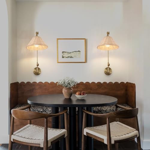 Image of Woven Hardwiring Wall Sconce Set of 2, Rattan Swing Arm Wall Lamp, Gold Vintage Bedside Light Fixture, Hand Woven Boho Sconces for Bedroom, Living Room.