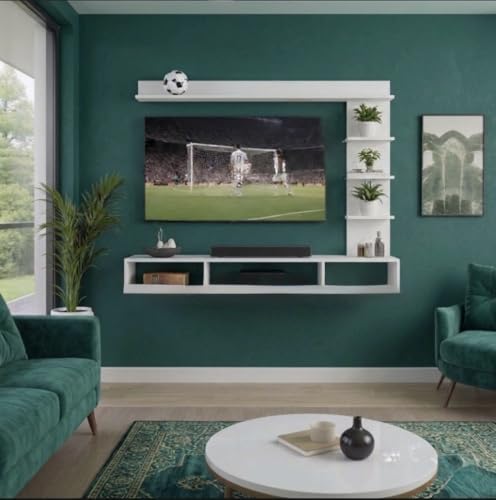 Image of Bros Moon Wall Mounted TV Cabinet, L-Shape, Choco White, MDF, Modern Style, Laminated Finish, for Living Room, Suits TV up to 55 Inches (Frosty White, C Style 48 Inches Base)