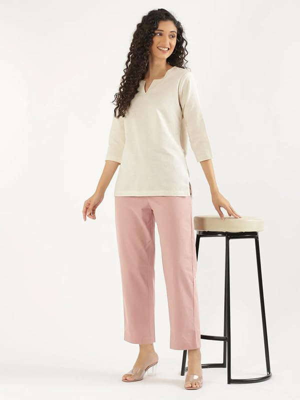 Image of SAADAA Cotton Straight Pants for Women | Breathable Everyday Wear Trousers | Drawstring, Deep Pockets & Elastic Waistband | Casual & Comfortable Fit