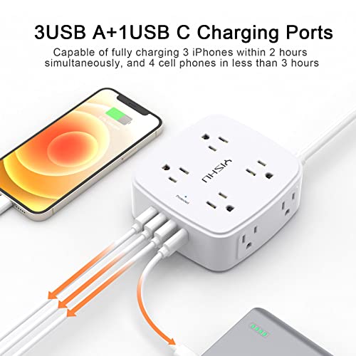 Image of 10 Ft Surge Protector Power Strip - YISHU 3 Side Outlet Extender with 8 Widely AC Outlets and 4 USB Ports, 10 Feet Extension Cord with Flat