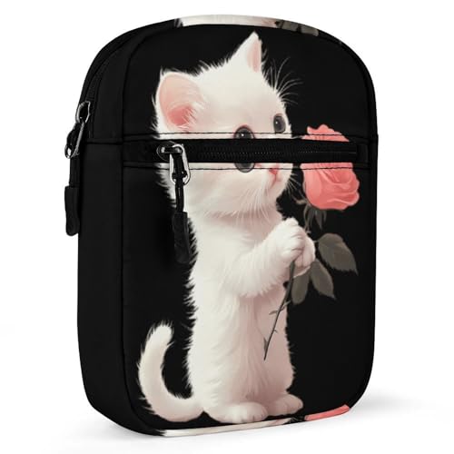 Cute Kitten Cat Holding A Rose Women's Cute Small Mini Crossbody Bag Top Zip Sling Square Shoulder Bags 5