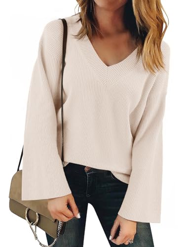 Yousify Womens V Neck Oversized Sweaters Long Sleeve Knit Pullover Trendy Casual Chunky Sweater
