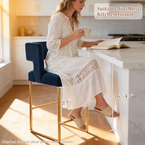 Image of Counter Height Bar Stools Set of 4, Blue Velvet Bar Chair Gold Leg | 26 inch Seat Height Fits Standard Kitchen Islands, Upholstered Barstools, Back Support, Square Metal Legs, Footrest