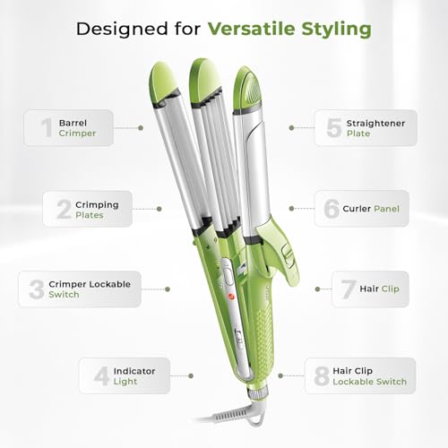 Image of VGR 4-in-1 Hair Styler - Hair Straightener, Curler, Crimper, and Waving Tool with Ceramic Coating Plates & Adjustable Heat Settings | Uniform Heat Technology | 2-Year Warranty (V-569, Green)