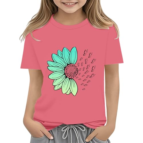 Girls Loose Fit Sunflower Graphic T Shirts Short Sleeve Crewneck Cute Pattern Printed Tops Kids (I-Pink, 12-13 Years)