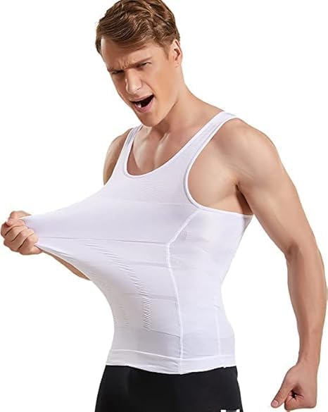 Men's Nylon Blend Slimming Body Shaper Vest, Tummy Control Compression Undershirt, Sleeveless, White-picture-51