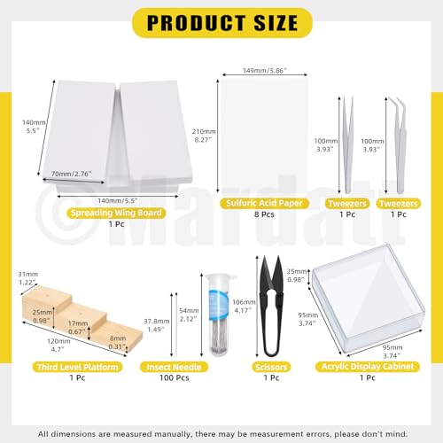 Image of Mardatt 15Pcs Making Insect Specimen Tools Kit, Insect Pinning Kit with Insect Pinning Block, Insect Pinning Board, Insect Pins, Wings Pressing Paper, Insect Display Case, Tweezers, Scissors