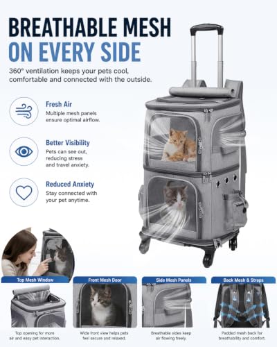 Mochila transportadora de mascotas con ruedas HOVONO, transportador de doble compartimento grande 5