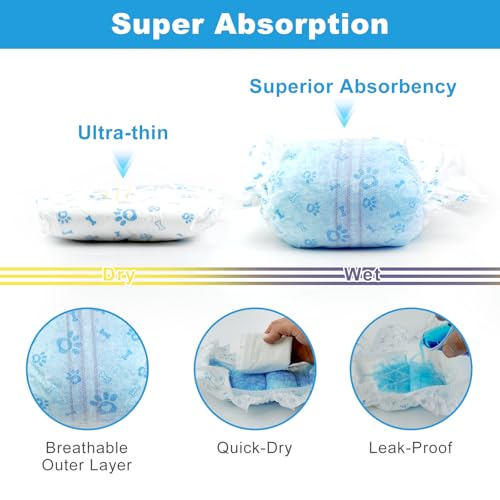 Disposable Dog Diapers Male 96 Count Belly Bands for Bale Dogs (Waist 11-16.5 in S) Super Absorbent Small Doggie Diapers for Heat Excitable Urination or Incontinence - Blue