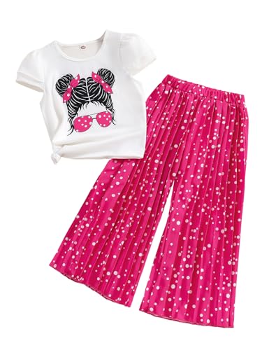 Image of Girl's 2 Piece Outfits Summer Tops Short Sleeve T-Shirt and Wide Leg Pants with Belt Sets