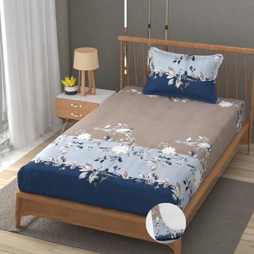 Image of Vram Premium Heavy Cotton Elastic Fitted Bedsheets with 1 King Size Pillow Covers || Single Bed with All Around Elastic 350 TC || 36 x 78 x 6 Inch Single Size Fitted || :- Blue Tricolor
