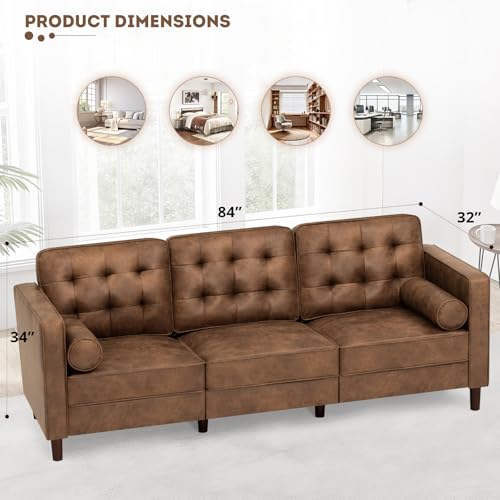 Image of 84 inch Suede Leather Modern Sofa with Bolster Pillows, Upholstered 3 Seats Sofa with Well-Filled Backrest, Comfy Tufted Couch with Sturdy Legs for Living Room, Office, Bedroom, Brown
