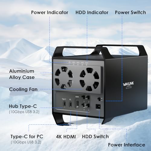 Image of WAVLINK 4-Bay Hard Drive Enclosure for 3.5 inch and 2.5'' SATA HDD /SSD Featuring 10Gbps USB-C 3.2, Max 128TB Capacity, Built-in Temp-Controlled Cooling Fans, 4K HDMI Stunning Video Output, Aluminum Shell