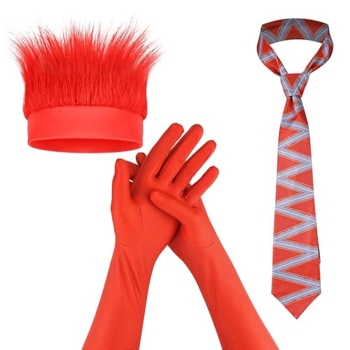 Citoceco 3PCS Halloween Anger Costume, Halloween Angry Costume, Angry Dress Up, with Hairy Headband, Red and Grey Stripes Anger Tie, Long Gloves