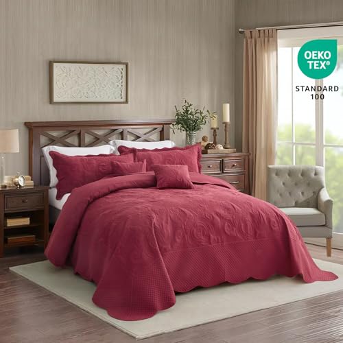 Image of Oversized King Bedspread, Stitched Paisley Quilt Set King /Cal King, Lightweight Reversible Coverlet, Scalloped Edge - Rich Traditional Classic Look, 5 Piece, Wine Red
