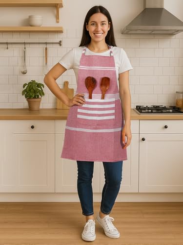 Image of Unisex Cooking Aprons | Waterproof Apron | Striped Design with 2 Front Pockets & Adjustable Neck Strap | Durable, Oil & Stain Resistant | Chef Apron for Cooking