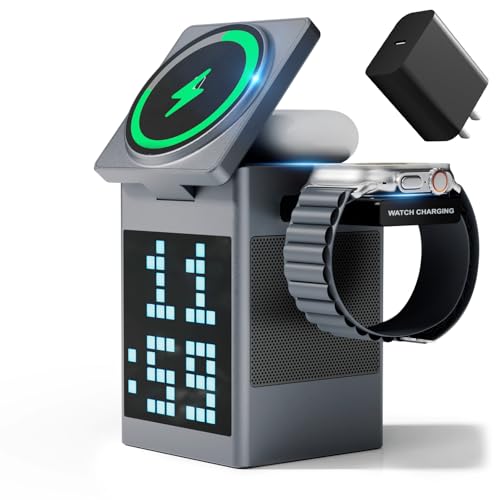 Vivilumens Bluetooth Speaker 3 in 1 Wireless Charging Station for Magsafe Charger Stand Cube with Alarm Clock, Pixel Display, Multifunctional Wireless Charger for Bedside, Office, Men Women's Gifts