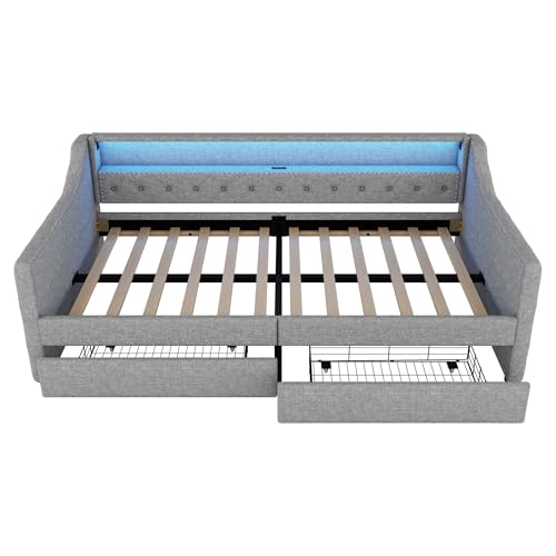 Aoskem Polsterbett Tagesbett Einzelbett 90x200 mit 2 Stauraum Schubladen, Kinderbett LED-Sofabett mit USB-Ladebuchse, Bettgestell mit Lattenrost, Jugendbett Schlafsofa, Ohne Matratze, Leinen (Grau)