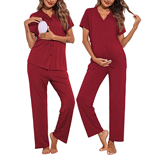 Image of Ekouaer Women Short Sleeve Sleepwear Set 2 Piece Soft Comfy Maternity Nursing Pajamas Button Down Winter Pj Set with Pockets Wine Red S