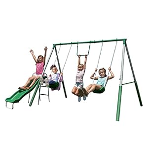 Sportspower Amazon Exclusive My First Metal Outdoor Kids Swing Set with Slide, Green/White
