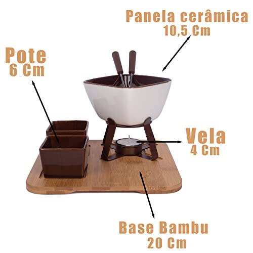 Conjunto Fondue em Cerâmica Quadrado 10 Peças Com Base em Bambu 300ml Chocolate Queijo 3 Velas
