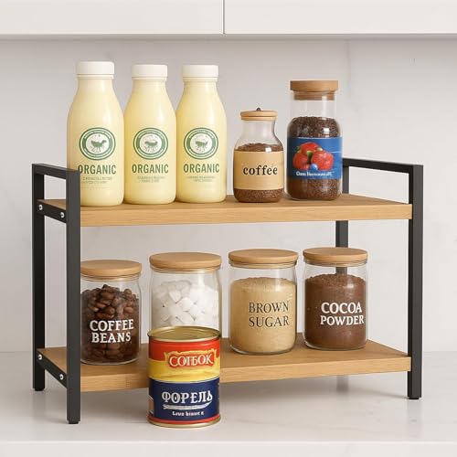 Image of Decorlay Kitchen Countertop Storage Organizer Laminated Board with Metallic Frame, Space-Saving Rack for Spice Bottles & Condiments | Beech & Black | Pack of 1