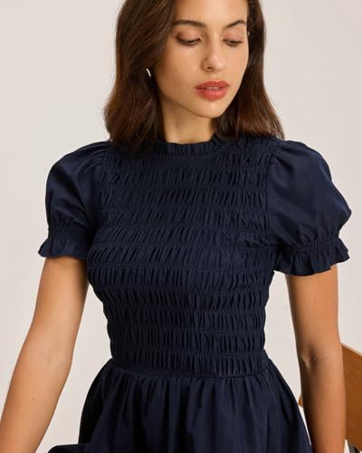 Image of RIHOAS Plaid Gingham Midi Dress Short Sleeve Smocked Dresses for Women | Cotton,Ruffle Puff Sleeves,Vintage Brown,Spring Summer Casual Daily,Picnic,Travel,Vacation,Christmas Festive Occasions