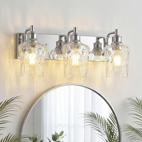 Image of Farmhouse Chrome Vanity Light, 3 Light | Bathroom Lighting Fixtures, Over Mirror, Hammered Glass Lampshade, For Cabinet Mirror Bedroom Hallway