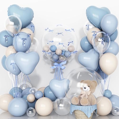 Image of Baby Light Blue Cream Balloons Party Decorations, 20 Inch Bobo Pale Pastel Blue and White Sand Balloons Heart Mylar Shape Balloon, OH Baby Shower Foil Balloon as Boys Girls Birthday Decor