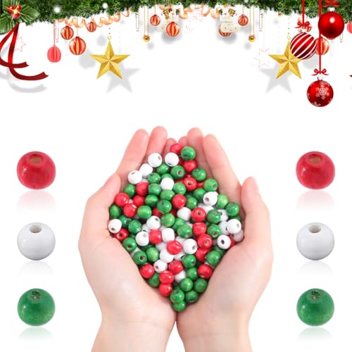 SUNNYCLUE 600Pcs Christmas Wood Beads 10mm Craft Beads Wooden Green Red Opaque Round Bead Spacers Decor Loose Beads with Hole for Christmas Tree Wall jewellery Making Supplies DIY Decoration Craft Kit - Image 3