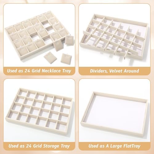 Hinly 4 Pcs 24 Grid Stackable Jewelry Organizer Tray with Removable Dividers Ice Velvet Jewelry Display Showcase Tray for Necklace Earring Ring Bracelet Holder (Beige Velvet) — view 6